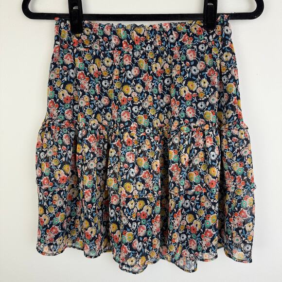 Loft Womens Floral Print Tiered Chiffon Ruffle Pull-On Black/Multi Mini Skirt XS - Picture 3 of 7